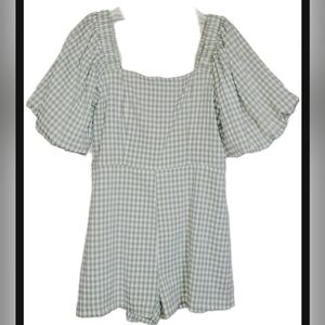 Lena Puff Sleeve Gingham Pastel Sage Green Shorts Romper M Cottagecore Picnic